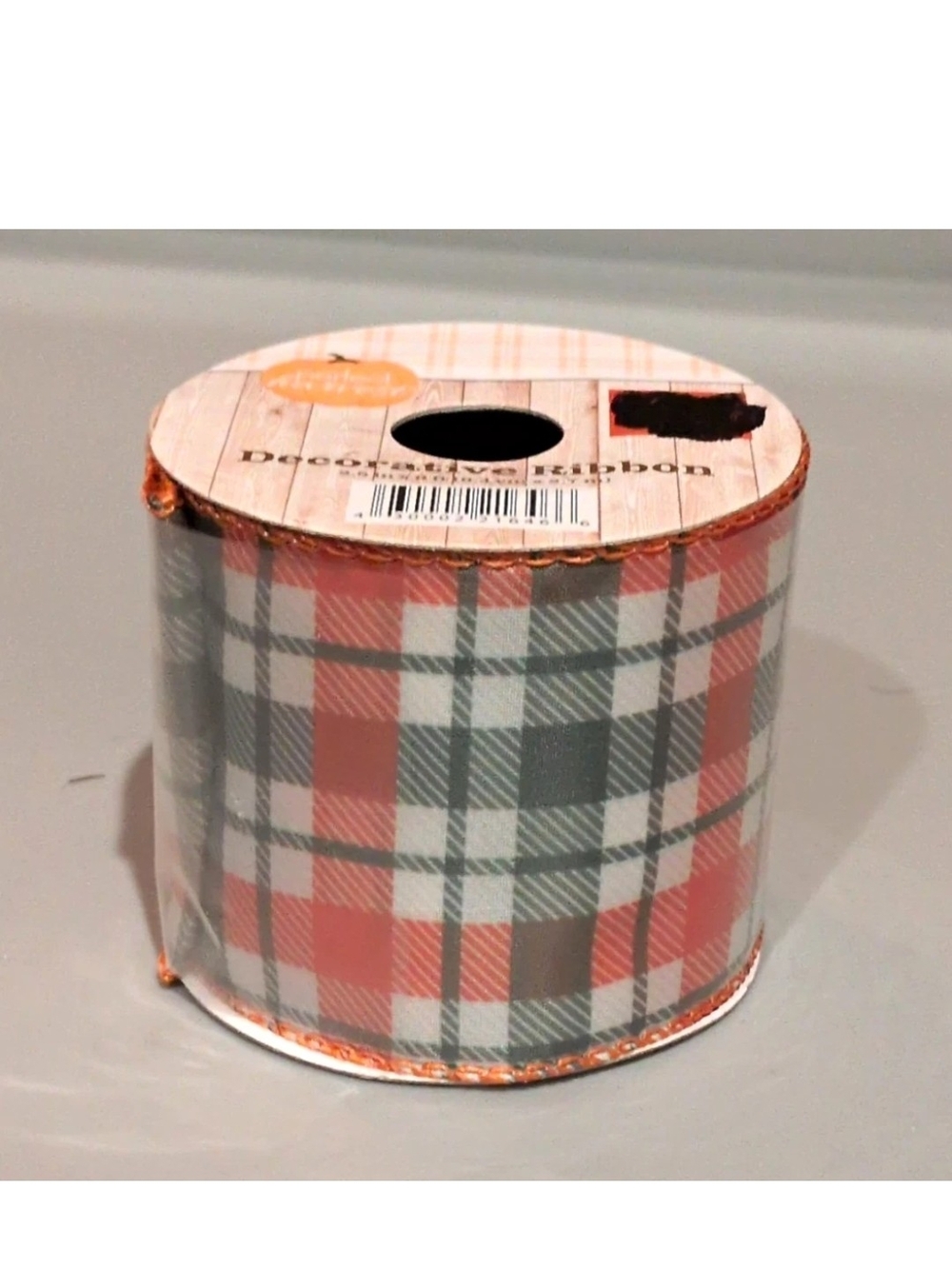 Decorative Ribbon Plaid Orange/Gray/White 2.5 in x 9 ft F25 -2 Rolls
